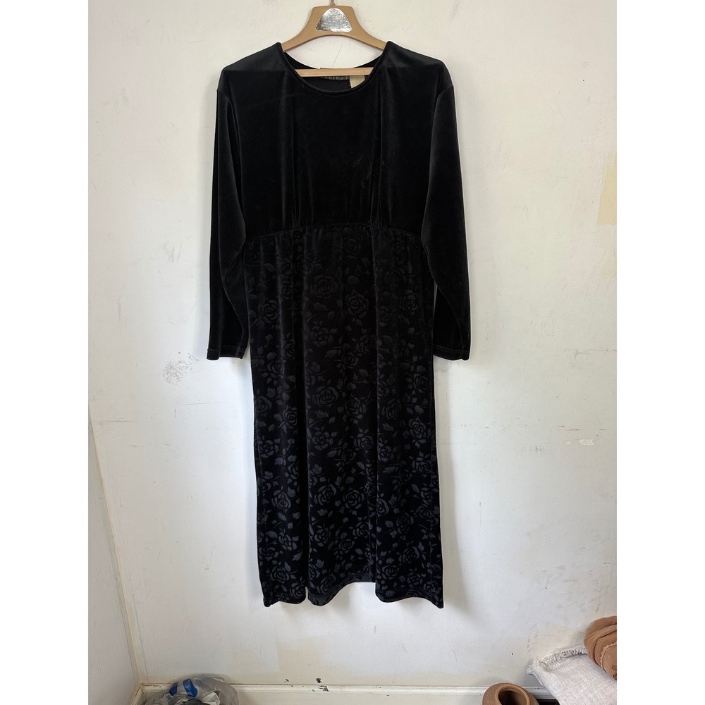 Erika Studio Vintage Black Velvet Rose Floral Maxi Dress Long Sleeve L
